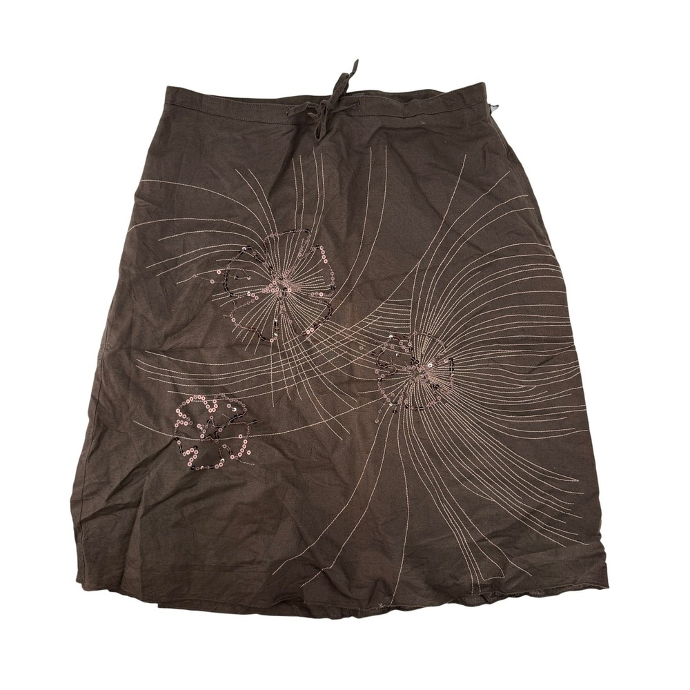 Mexx Brown Linen Blend Y2K Embroidered Sequin Floral Midi ALine Skirt Whimsigoth